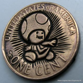 Toad キノピオ Hand Carved 1973 US Cent by Shaun Hughes Nintendo Hobo Nickel 3