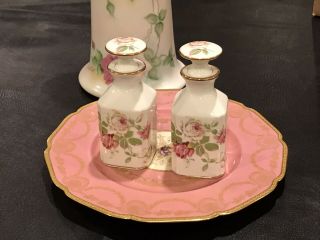 2 Antique Limoges France Perfume Bottles Dresser Set Pink Roses Hand Painted