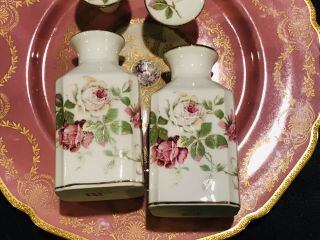 2 Antique Limoges France Perfume Bottles Dresser Set Pink Roses Hand Painted 2