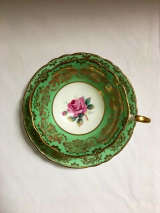 Paragon Green Tea Cup And Saucer With Pink Cabbage Rose