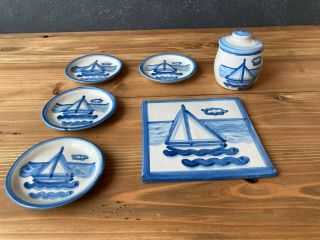 M/a Hadley 7 - Piece Sailboat Set - Tile/trivet,  Small Sugar,  4 Trinket Plates