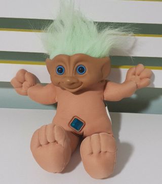 1992 Ace Novelty Troll Doll Green Hair Blue Diamond Gem In Belly About 30cm