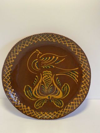 Ned Foltz Redware Pottery 9.  5” Bird & Tulip Plate 2005