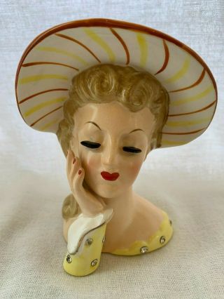 Vintage Napco Headvase/head Vase C1776b Yellow And Burnt Orange Hat Lady 5 1/4 "