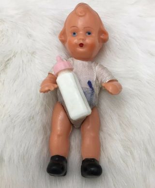 Vintage Dollhouse Celluloid Jointed Girl Doll Baby W Bottle Made In Germany