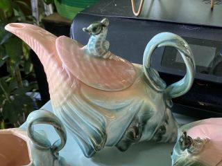 Vintage 1950 ' s HULL Art Pottery EBB TIDE Conch Shell Sea Horse 3 Pc Tea Set 2