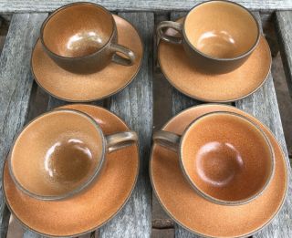 Set Of 4 Vintage Heath Ceramics Tea Cups And Saucers - Brown/pumpkin - 2 Of 2