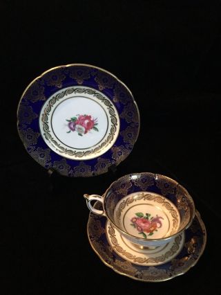 Vintage Paragon A7218 Cobalt Blue & Gold Floral Tea Cup And Saucer & Plate Set
