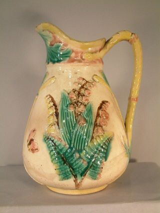 9 " Antique Majolica Floral Pottery Pitcher Lilly Of The Valley Look