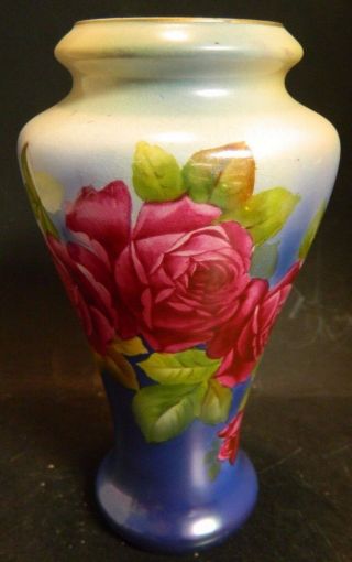 Antique Tapered Royal Bonn Germany Red Rose Blue Vase Cond