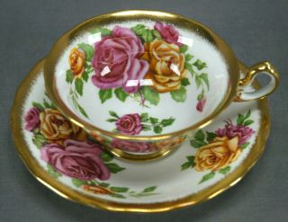 Royal Chelsea Golden Glory Large Pink & Yellow Rose & Gold Tea Cup & Saucer