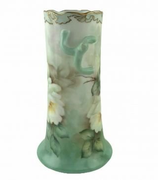 Antique Art Nouveau Hand Painted Porcelain Handled Vase Green White Floral 2