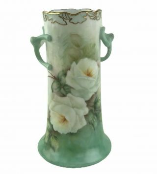 Antique Art Nouveau Hand Painted Porcelain Handled Vase Green White Floral 3