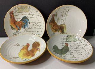 4 Williams Sonoma Rooster Fowl Script Pasta Bowl Plate 10” Made In Italy
