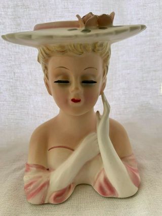 Vintage Lefton Headvase/head Vase Lady With Pink Dress And Hat 6 1/4 "