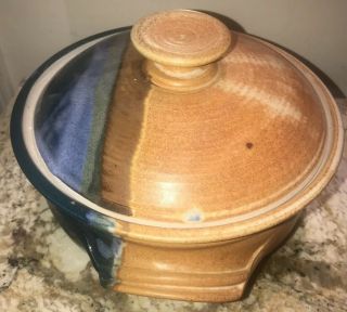 Sunset Canyon Pottery Covered Serving Bowl Blue Orange Signed 9.  5 “ Rnd