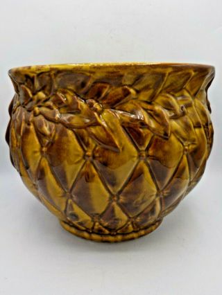 Xl Vintage Mccoy Jardiniere Pottery Glossy Brown &gold Quilted Planter Pot 1480