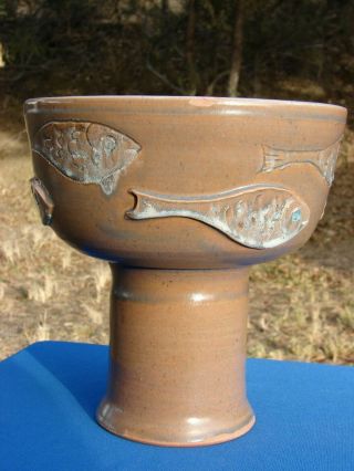 Vtg Studio Art Pottery Pedestal Bowl Dish Fish Signed Gatti Mid Century Modern