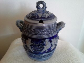 Vintage German Westerwald Saltglazed Blue Punch Cider Wine Bowl Tureen W.  Lid