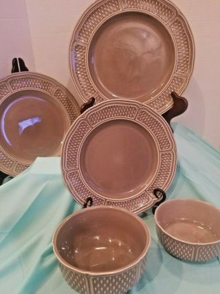 Gien Pont Aux Choux Setting 3 Plates 2 Bowls Taupe Made In France