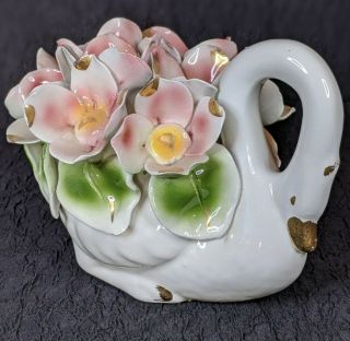 Vintage Capodimonte Porcelain Swan With Flower Bouquet Made In Italy 7 " Tall