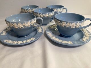 Wedgwood Embossed Queensware 5 Cups Shell Edge 2 Ashtrays Cream On Lavender Blue