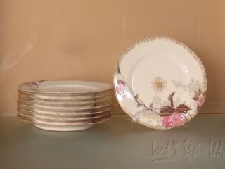 8 Antique Haviland Limoges Pink Floral 8 1/2 " Plates W/interesting Gold Decor