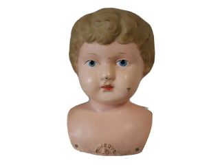 Antique Minerva Metal Head Doll Head Painted Blue Eyes 3 1/2 " Wide 5 1/2 " Tall