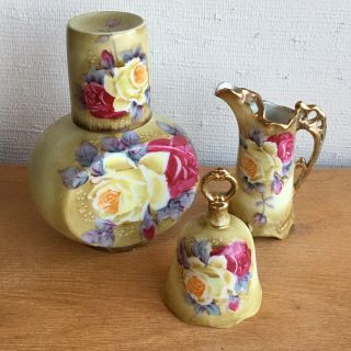 4 Pc Hand Painted Nippon Tumble Up Set - Carafe With Cup,  Bell,  & Small Pitcher