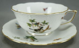Herend Hungary Hand Painted Rothschild Bird 734 / Ro Footed Tea Cup & Saucer C