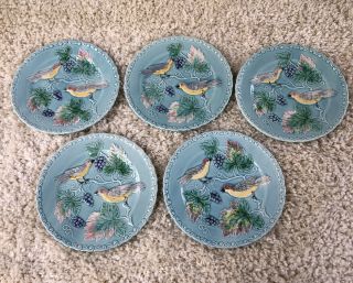 Vintage Majolica Germany Birds & Grapes 7.  5 " Plate Set Of 5 Turquoise 230