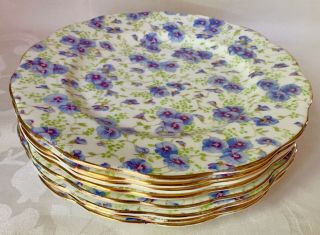Set Of 8 Royal Albert Blue Pansy Chintz Scalloped 8 1/8 " Salad Plates