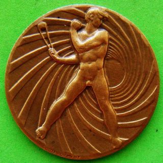 L@@k Nude Man Launching Sling Athlete 1889 - 1964 Bronze Medal By Louis Dupont