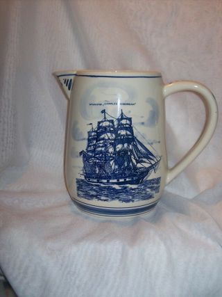 Blue Delfts Handpainted Made In Holland Large Pitcher W/ Ship And Whale Heavy
