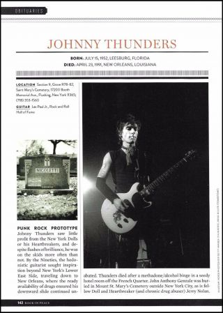 York Dolls Johnny Thunders 1952 - 1991 Obituary Tribute Cemetery Death Article