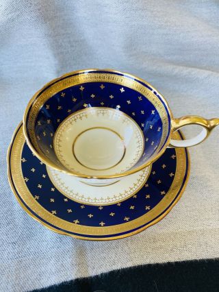 Vintage Aynsley Cobalt Blue Teacup & Saucer Fleur De Lis Etched Gold