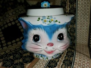 Vtg China Porcelain Miss Priss Kitty Lefton Cookie Jar W/ Flower Lid Japan 1502
