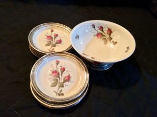 8ct Rosenthal Moss Rose Germany Coasters And Bowl Sterling Silver Rim
