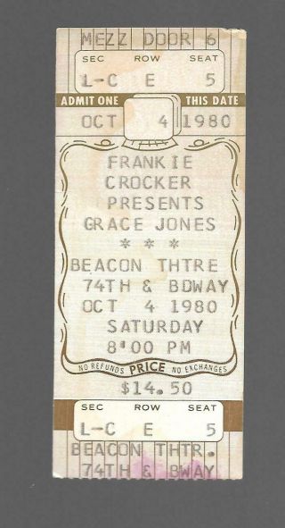 Grace Jones At The Beacon Theater 1980 Concert Admissions Ticket Stub Very Fine