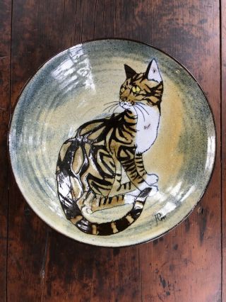 Large Vintage Chelsea Pottery England Joyce Morgan Tabby Cat Footed Bowl Signed