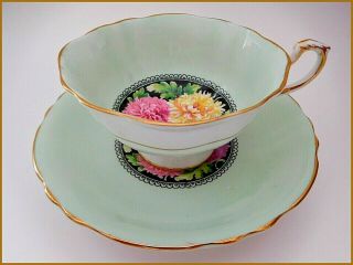 Paragon English Bone China Footed Cup/saucer Green/pink,  Yellow/dbl Warrant