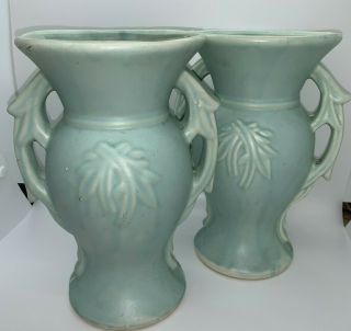 Set Of Vintage Signed Mccoy Ceramic Glazed Pottery Vases Blue Double Handle 9 "