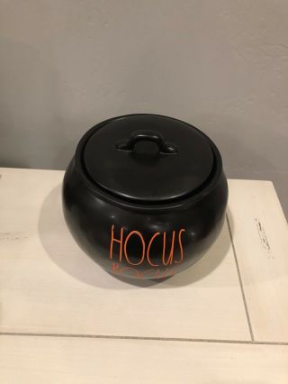 Rae Dunn Hocus Pocus Cauldron,  Black,  Orange Lettering With Lid.