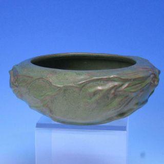 Peters & Reed Art Pottery - Green Matte Finish Bowl - Leaf & Acorns - 8½ Inches