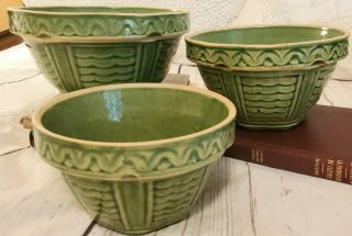 Set 3 Antique Green Bowls Usa Stoneware Yellow Ware Mccoy Prim Weave 7 " 6 " 5 "