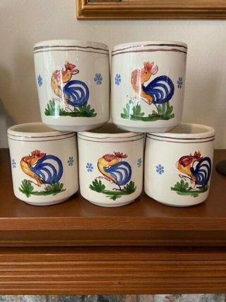 Set Of 5 Vintage Hand Painted Ceramique Rooster Cups Made In Grottaglie Italy Si