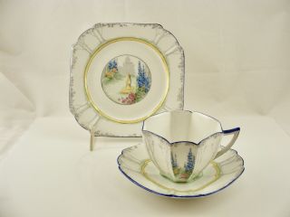 Shelley England Art Deco " The Garden " Queen Anne Trio Cup,  Saucer & Plate