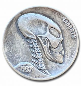 Hobo Nickel Coin 1937 Buffalo " Alien " Hand Engraved By Gediminas Palsis