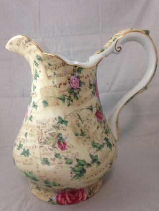 American Atelier Melody Pitcher Vintage Music Sheet Print Rose Floral Gold Pink