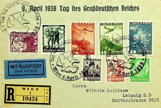Austria Germany 1938 Rare Mixed Franked Registered Airmail Cover To Leipzig